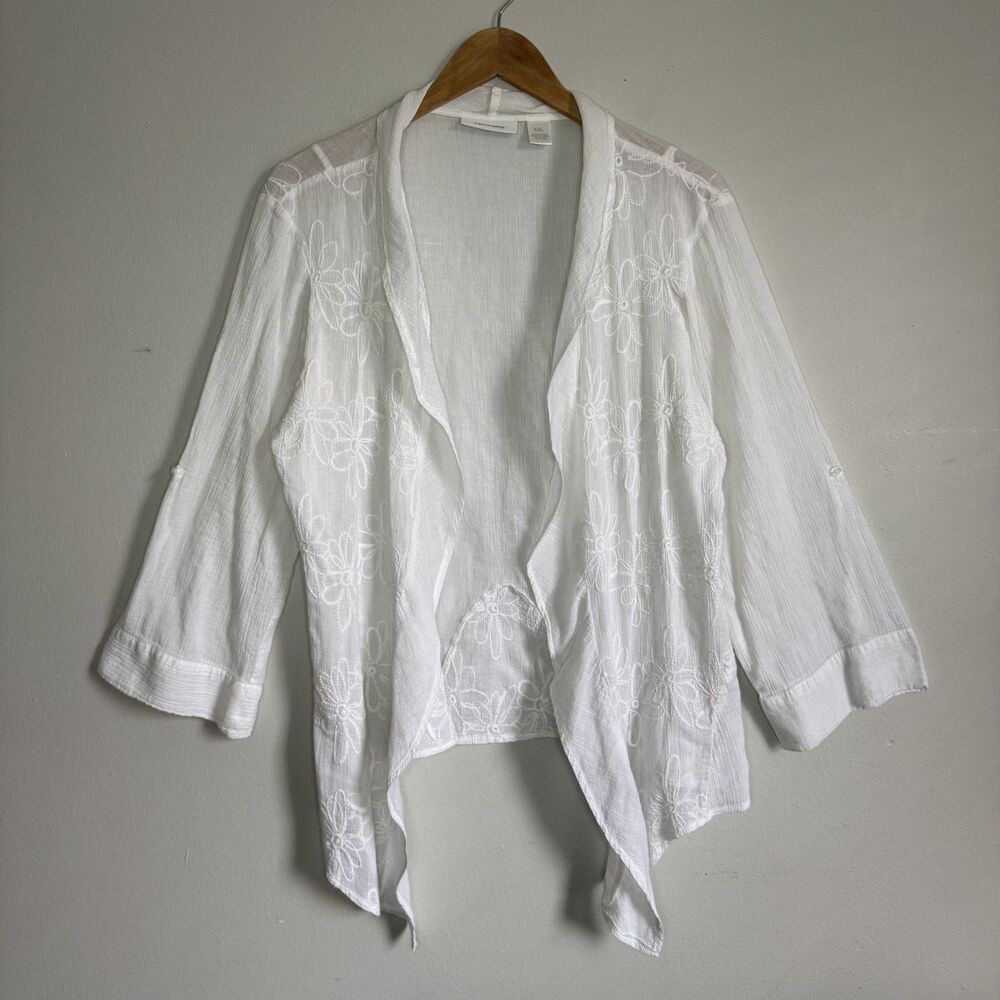 Boho Embroidered Cotton Open Front Cardigan Floral Top XXL White Cottagecore